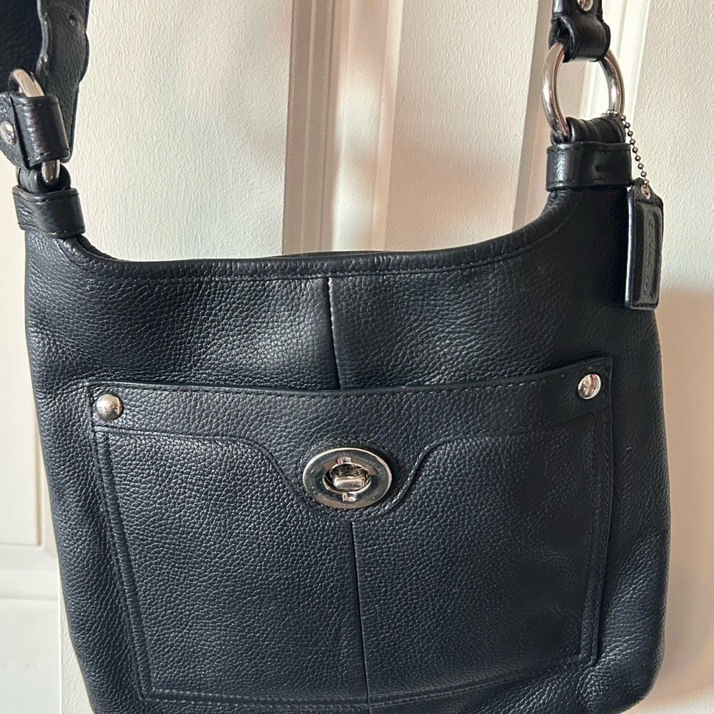 Coach Black Leather Shoulder Bag with Silver Accents